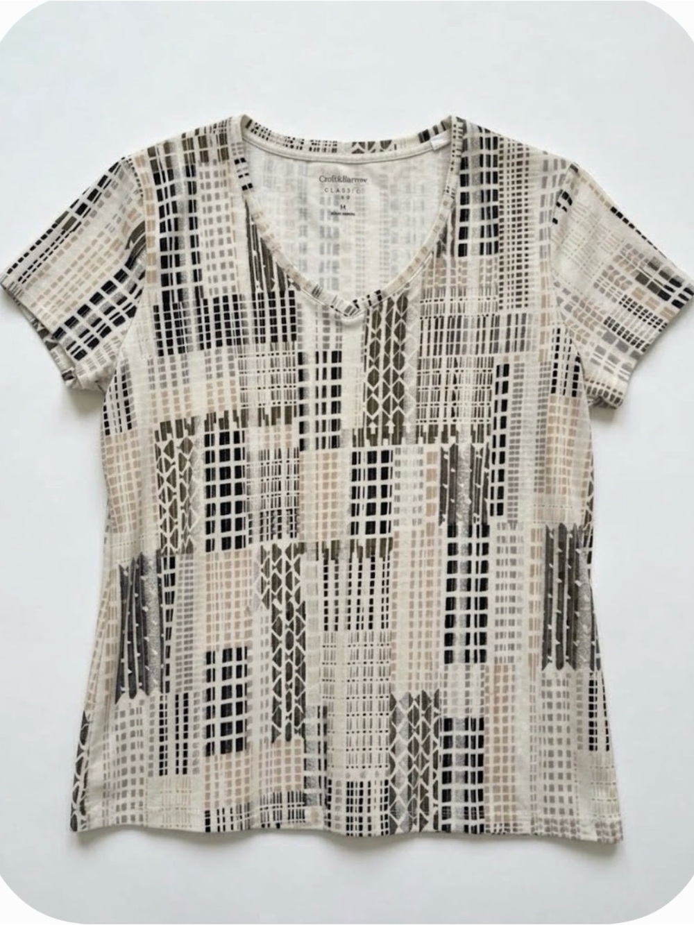 CROFT & BARROW Geometric Classic Tee, Women’s M, Black White Tan